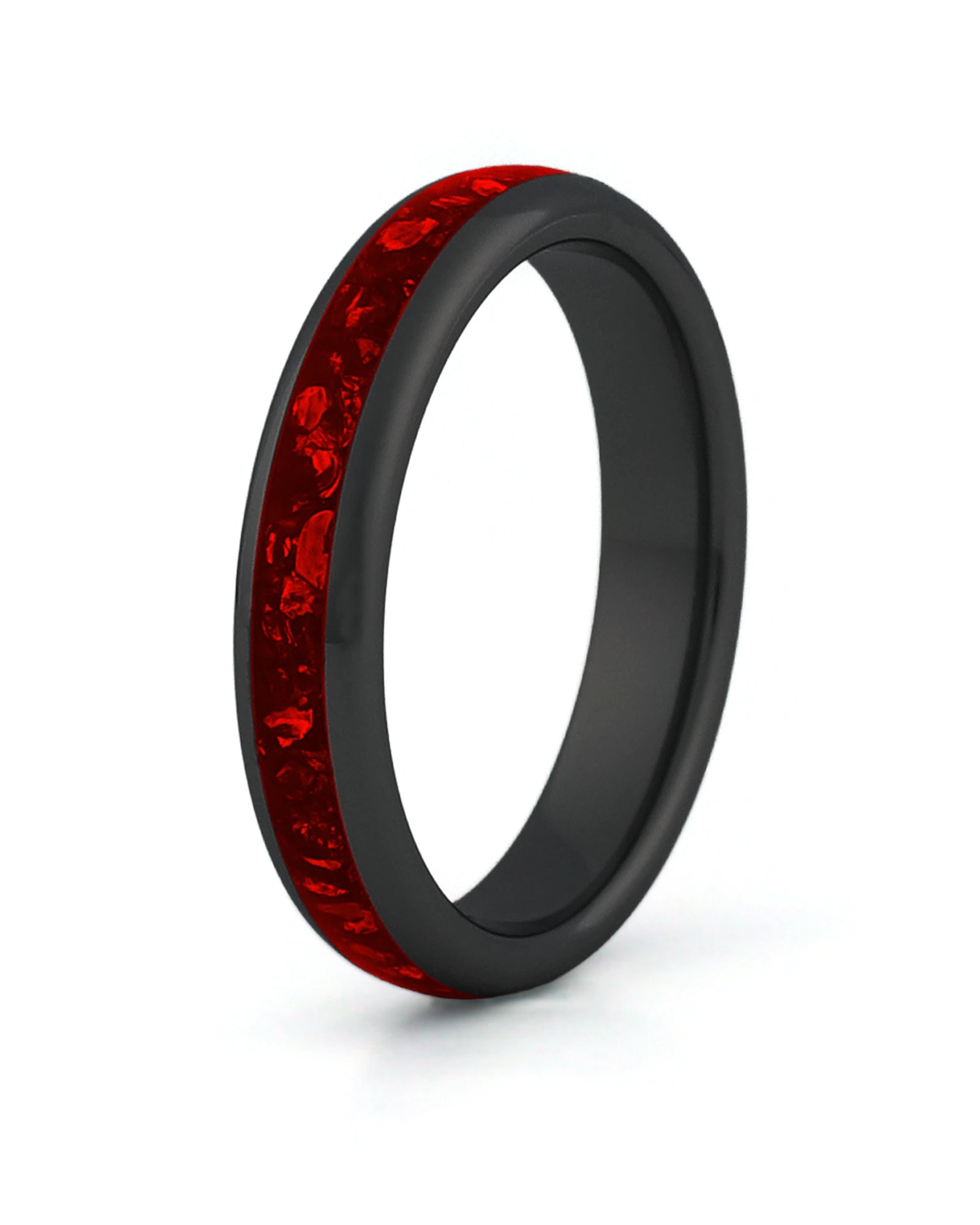 Black tungsten wedding ring with red ruby stone inlay, 4mm band