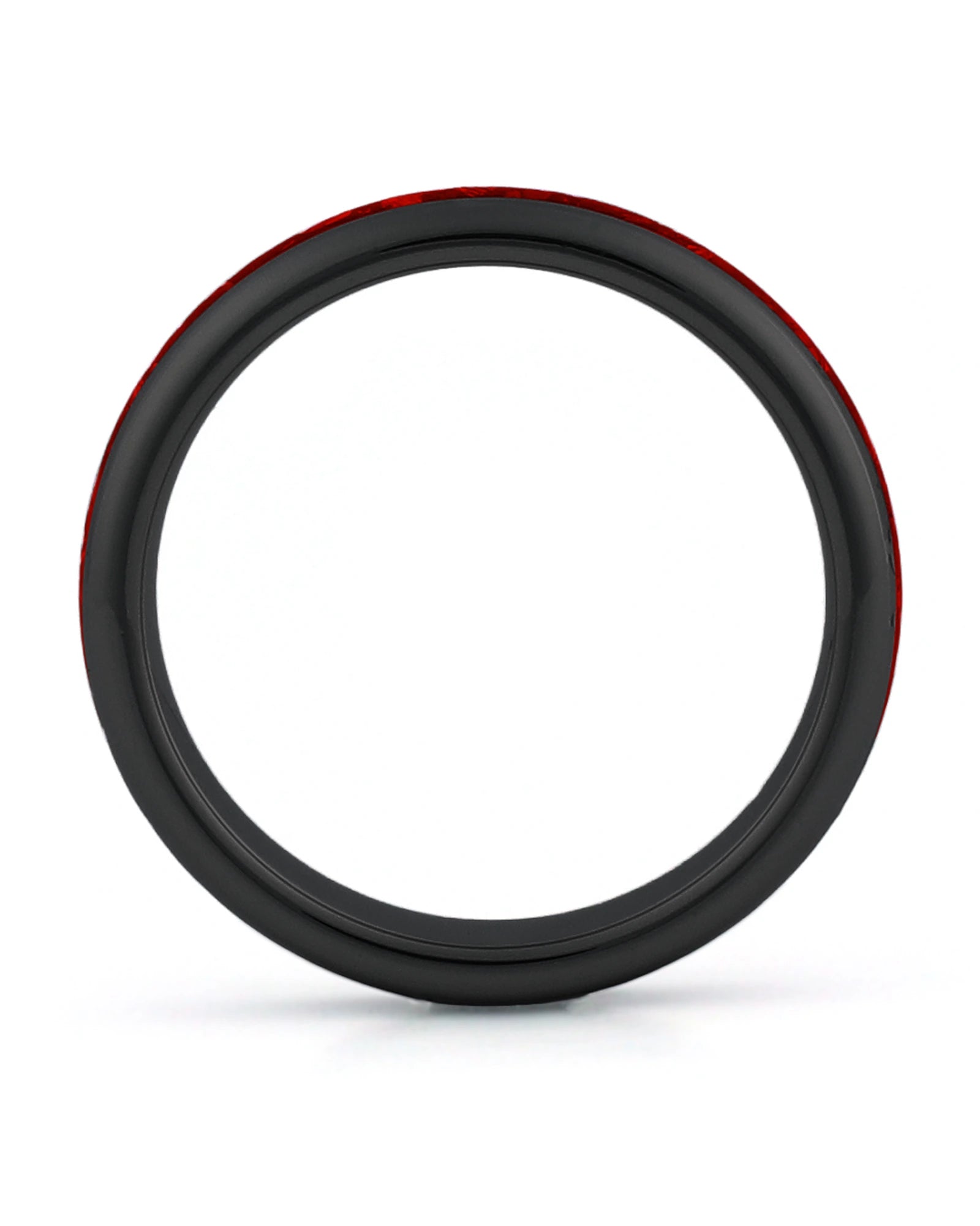 Side view of black 4mm tungsten wedding ring with ruby inlay