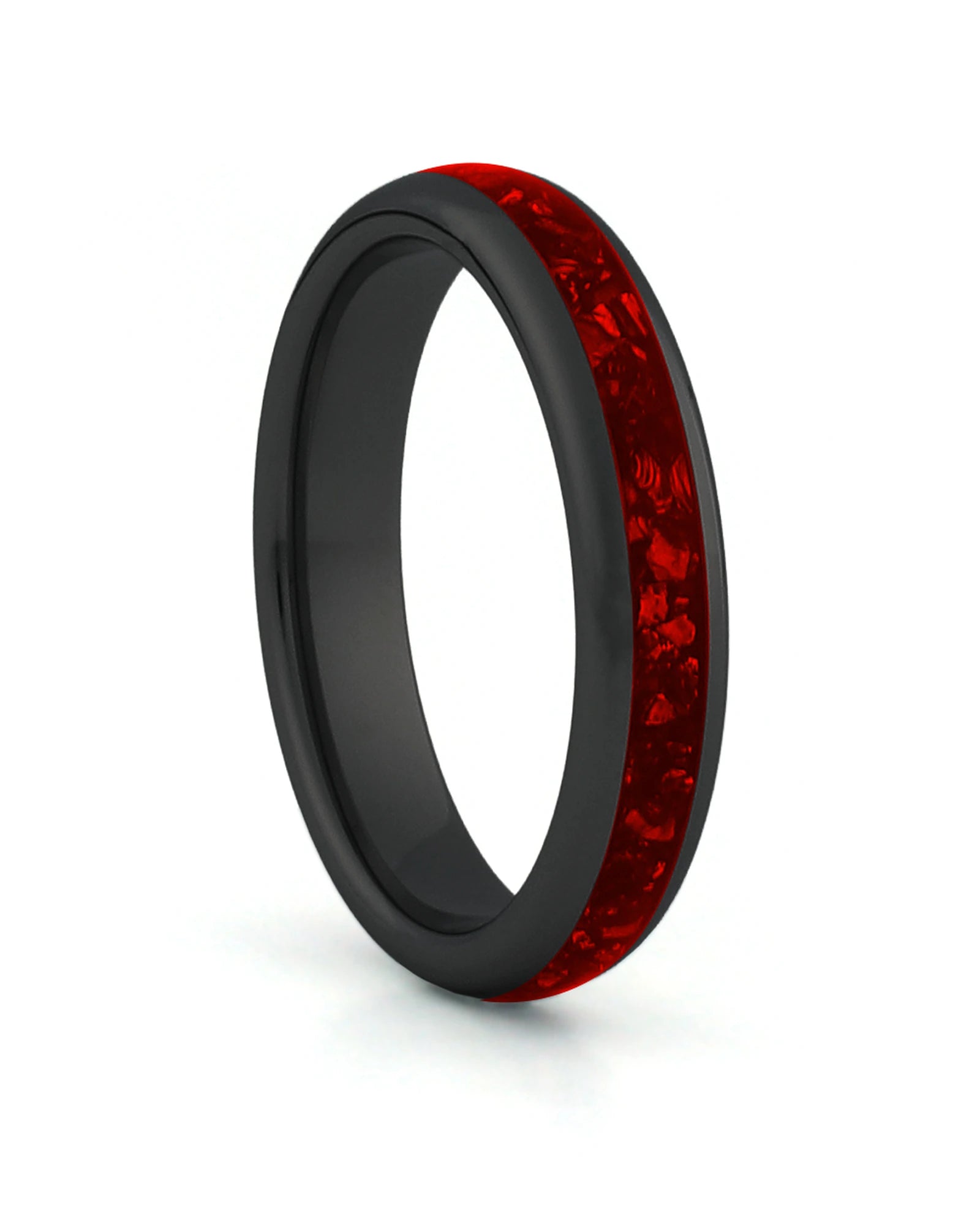 Black 4mm tungsten ring with red ruby inlay shown at an angle