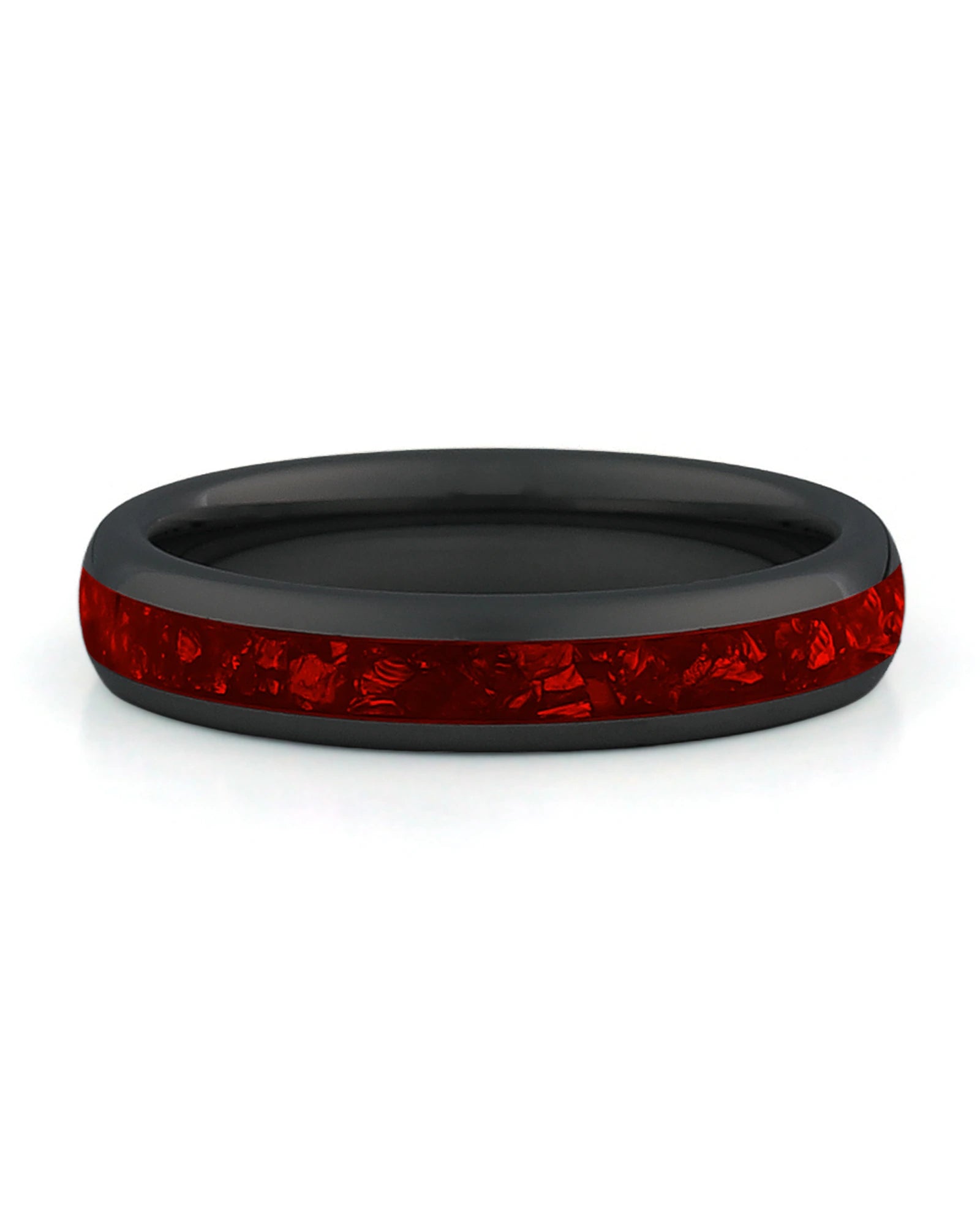 Front view of black 4mm ruby tungsten wedding band