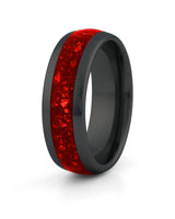 Men's black tungsten wedding ring with ruby stone inlay, 8mm band