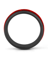 Side view of black 8mm tungsten wedding ring with ruby inlay