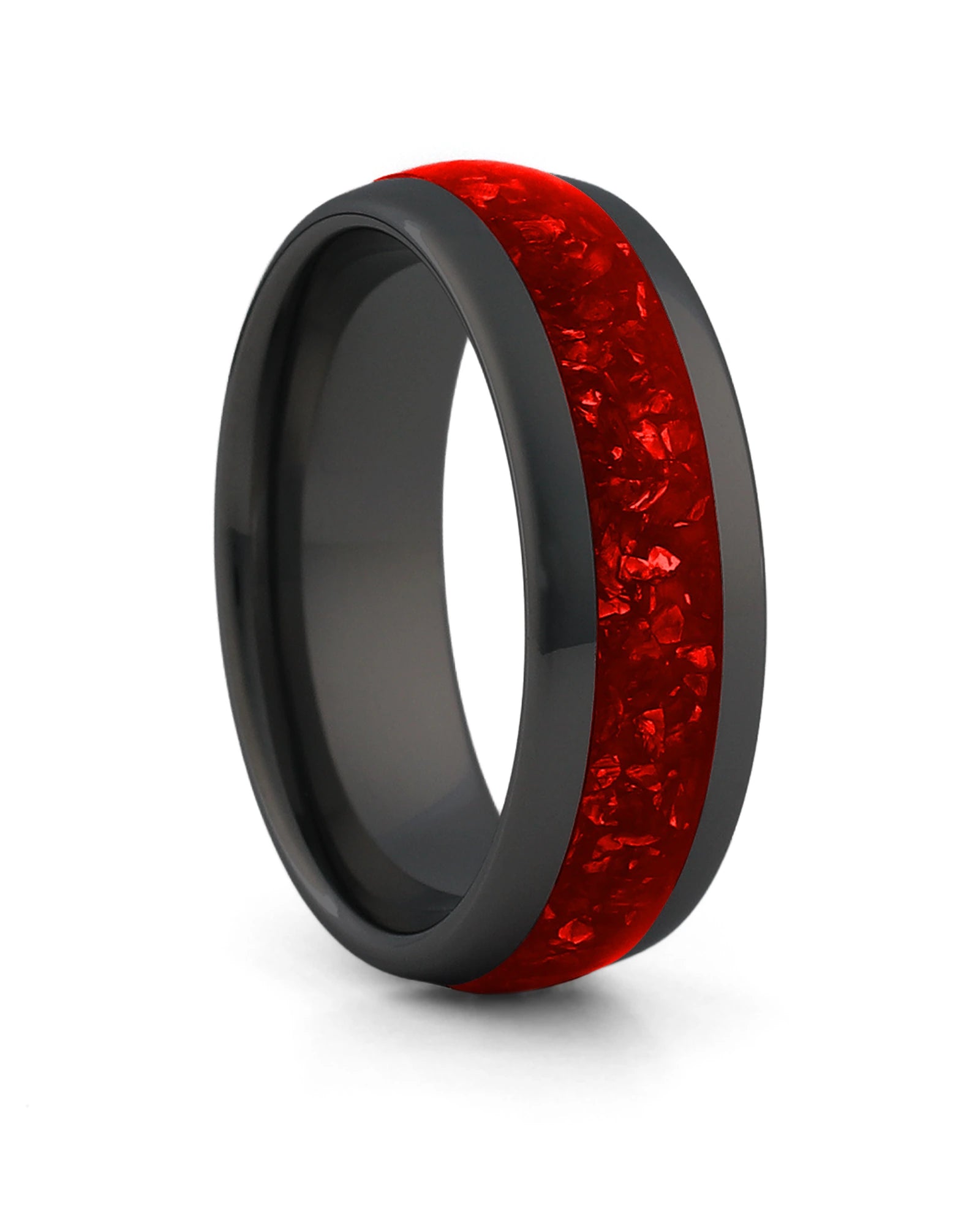 Black 8mm tungsten ring with red ruby inlay shown at an angle