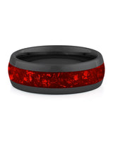 Front view of black 8mm ruby tungsten wedding band