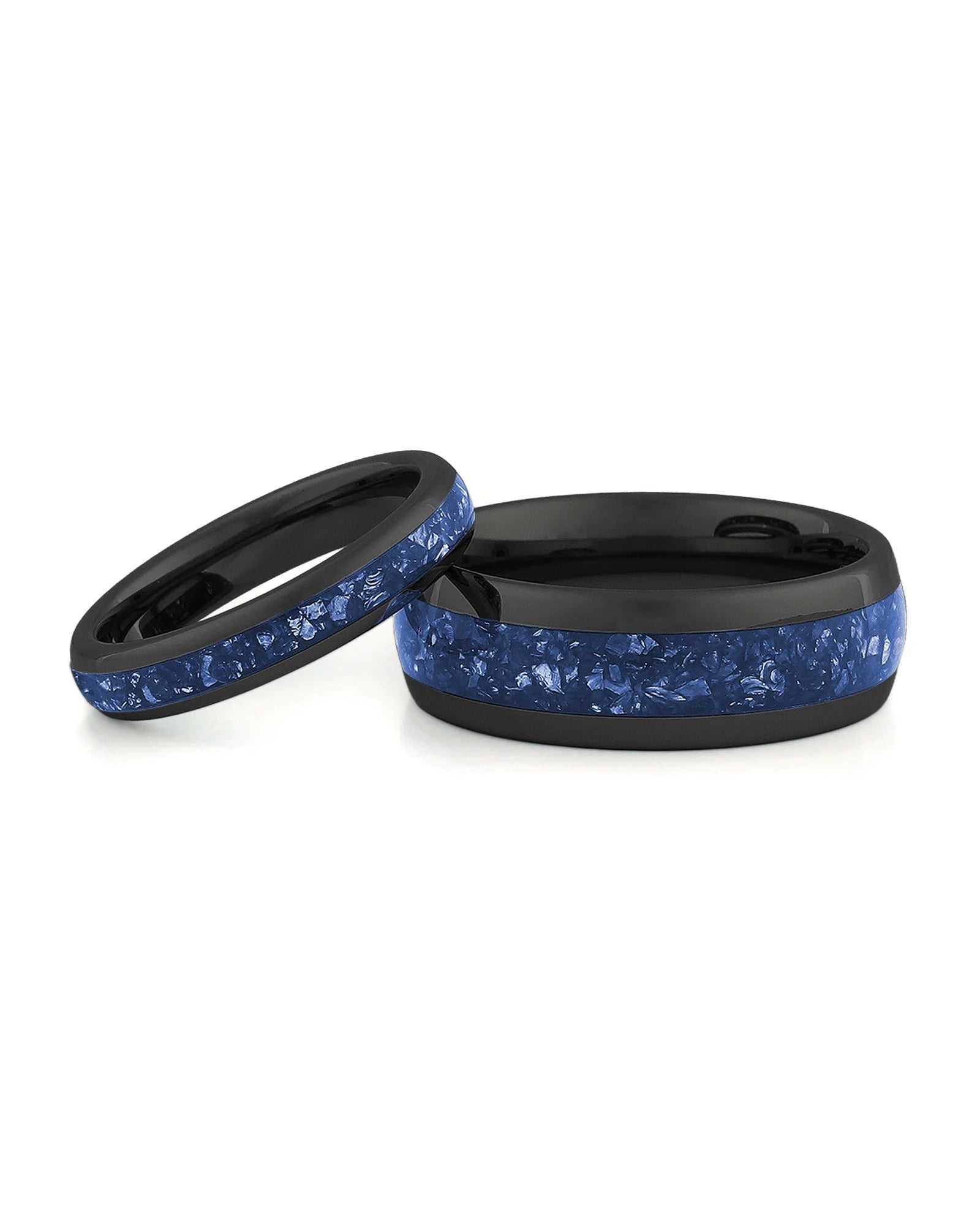 Black sapphire tungsten couples wedding ring set shown together