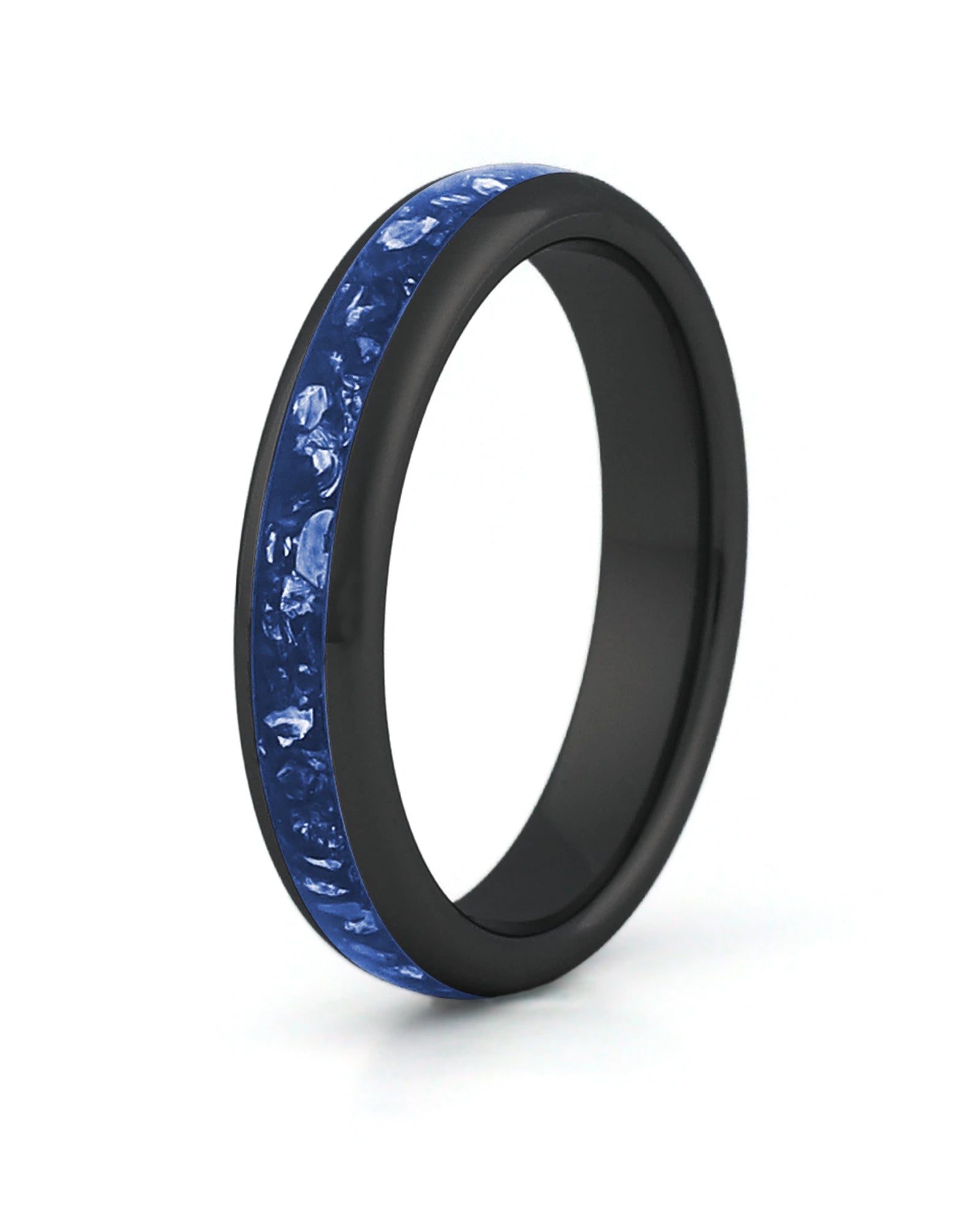 Black tungsten wedding ring with blue sapphire stone inlay, 4mm band