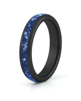 Black tungsten wedding ring with blue sapphire stone inlay, 4mm band
