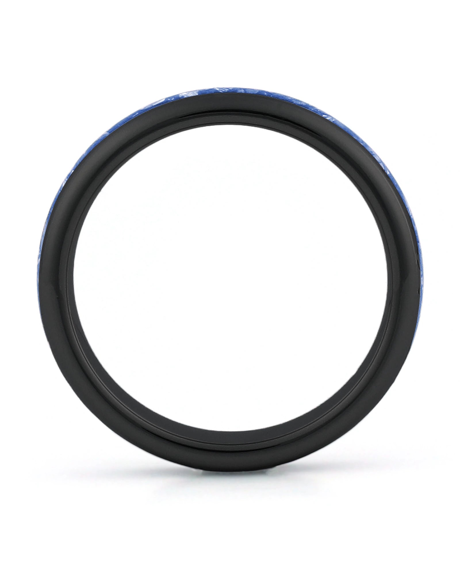 Side view of black 4mm tungsten wedding ring with sapphire inlay