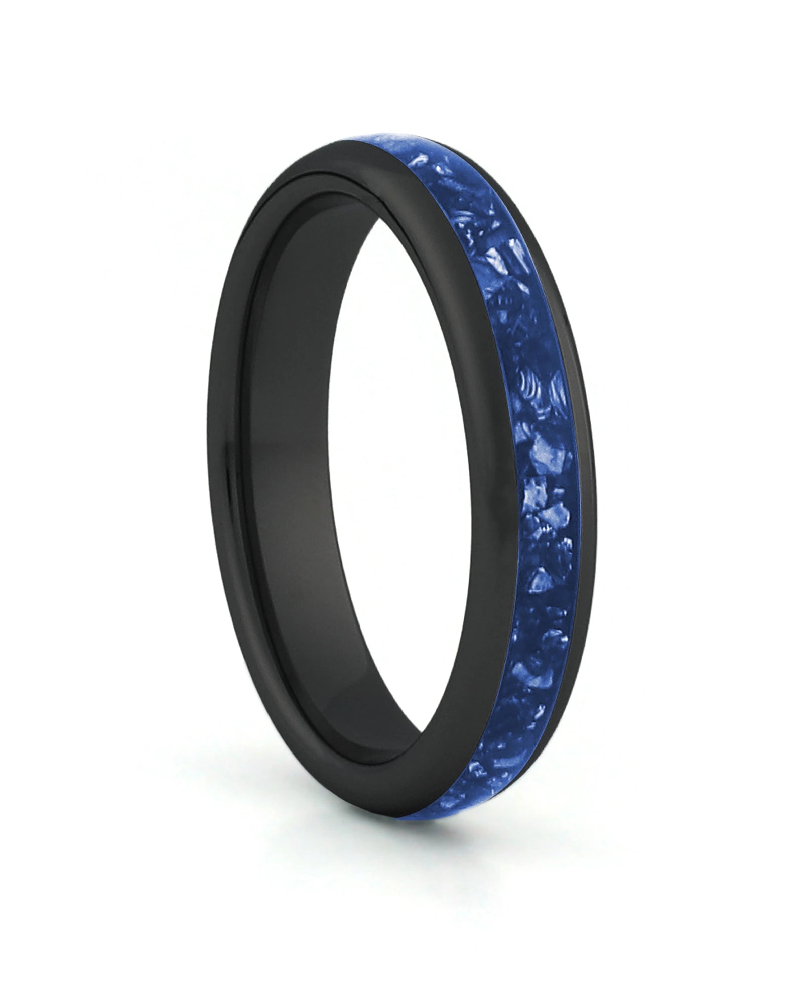 Black 4mm tungsten ring with blue sapphire inlay shown at an angle
