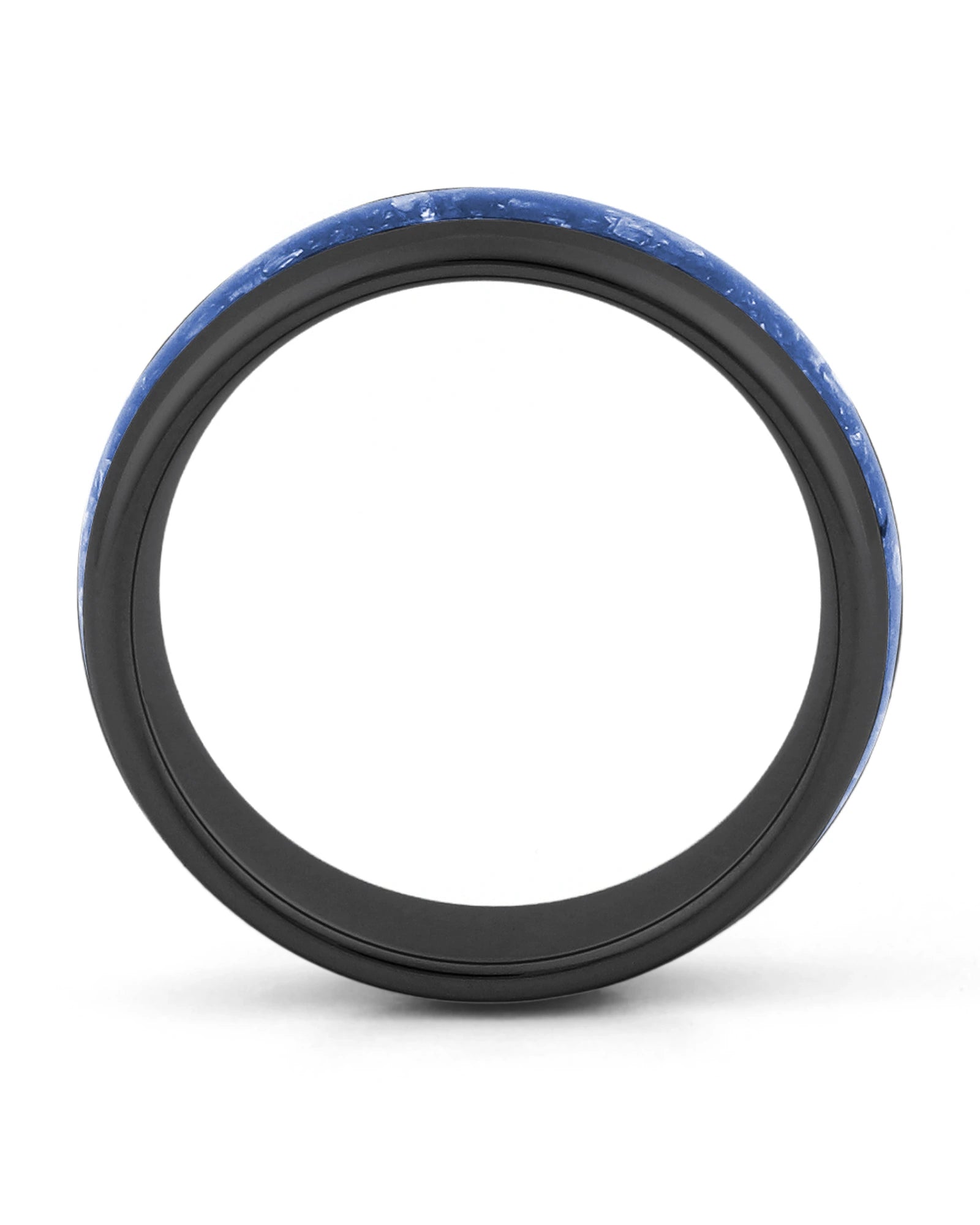 Side view of black 8mm tungsten wedding ring with sapphire inlay
