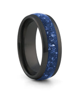 Black 8mm tungsten ring with blue sapphire inlay shown at an angle
