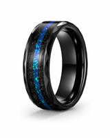 8mm Black Hammered Tungsten Wedding Ring with Blue Opal Inlay