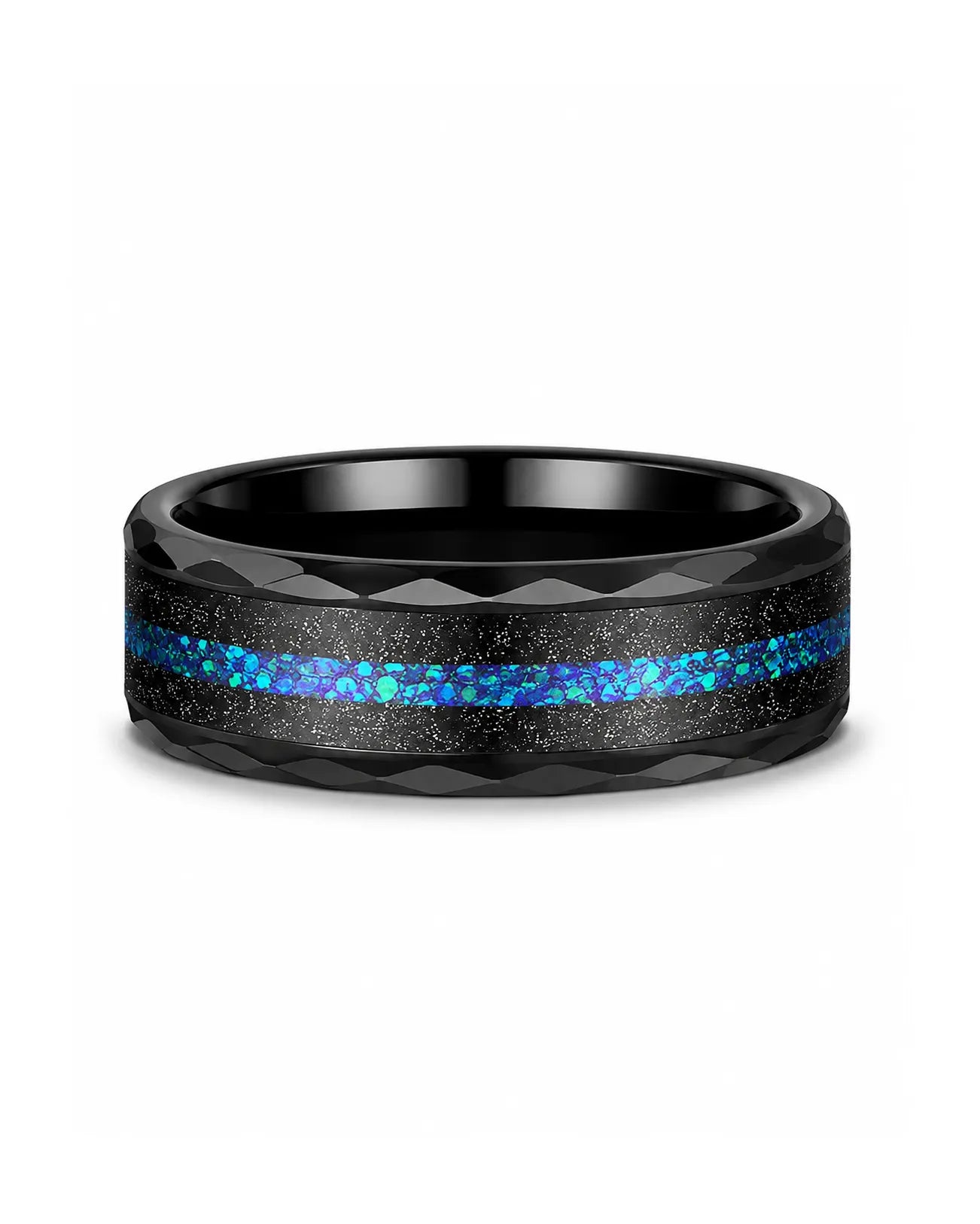 8mm Black Hammered Tungsten Wedding Ring with Blue Opal Inlay