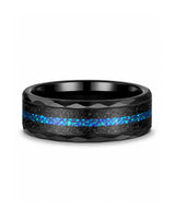 8mm Black Hammered Tungsten Wedding Ring with Blue Opal Inlay
