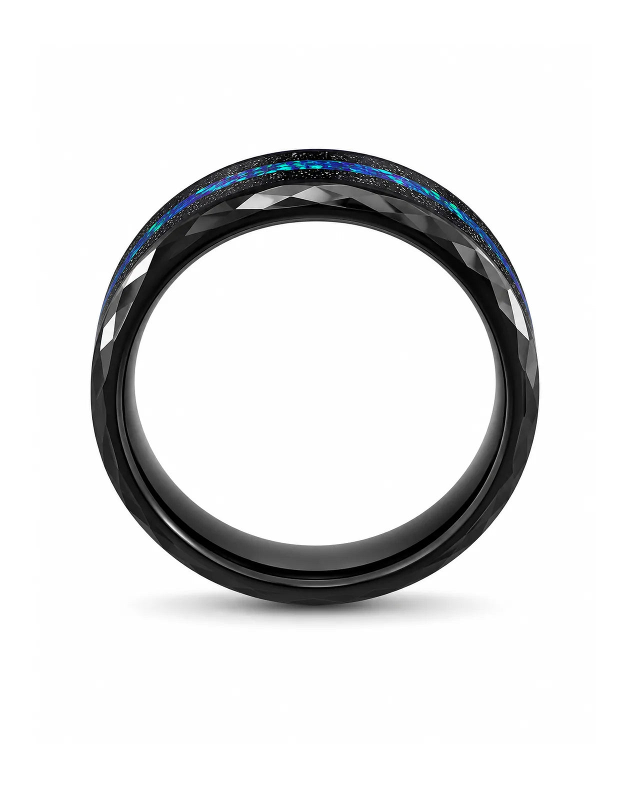 8mm Black Hammered Tungsten Wedding Ring with Blue Opal Inlay