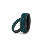 Black turquoise couples rings set in tungsten, matching wedding bands with blue inlay
