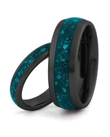 Matching black tungsten wedding rings with turquoise stone inlays