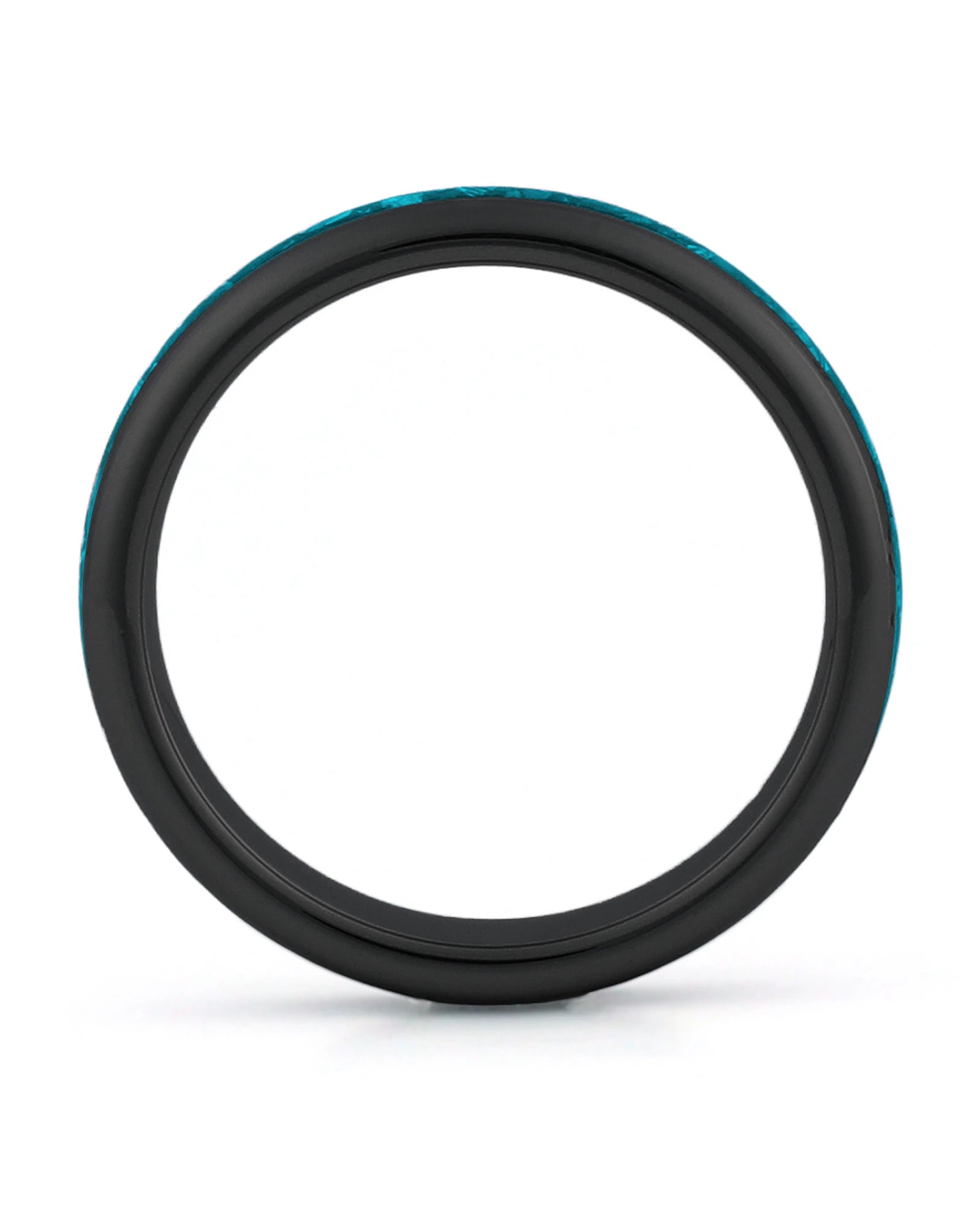 Side view of black 4mm tungsten wedding ring with turquoise inlay