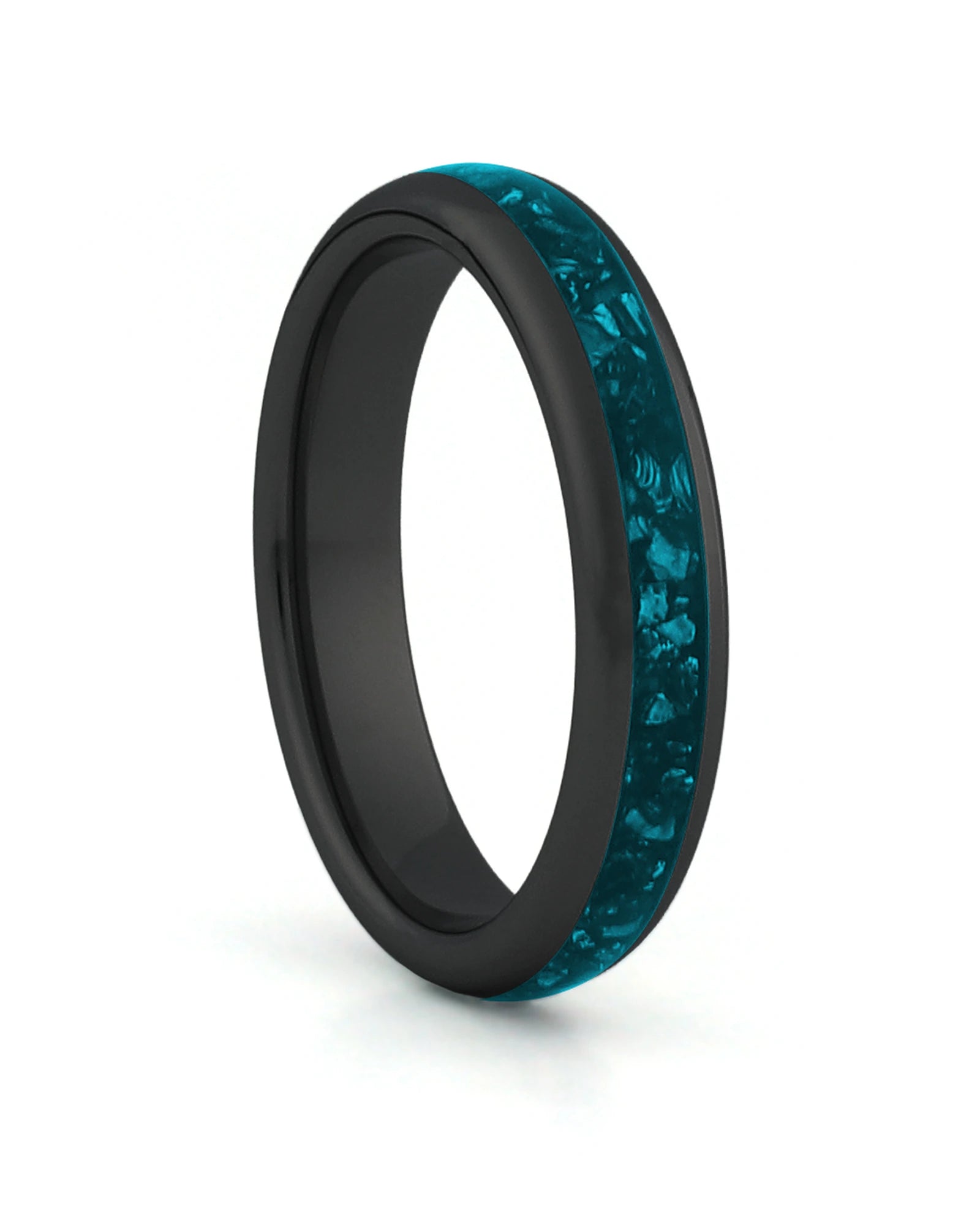 Black 4mm tungsten ring with turquoise stone inlay shown at an angle