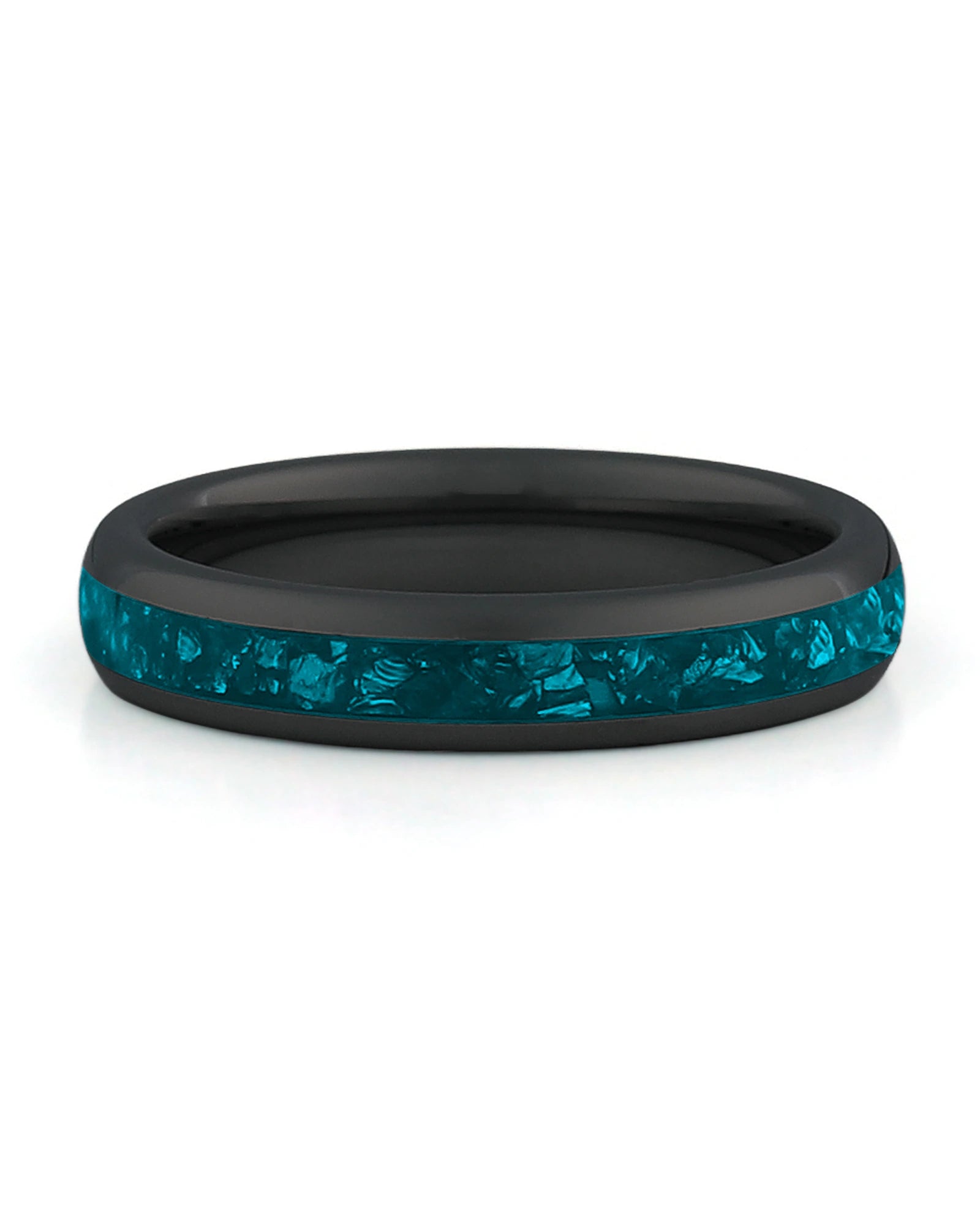 Front view of black 4mm turquoise tungsten wedding band