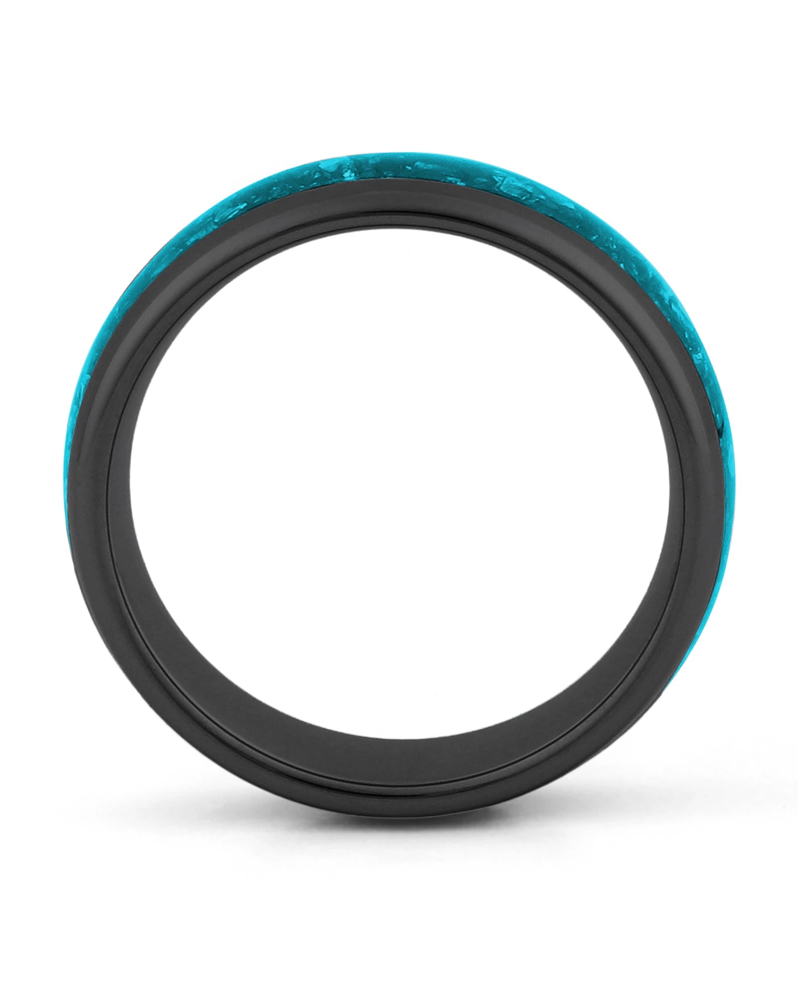 Side view of black 8mm tungsten wedding ring with turquoise inlay