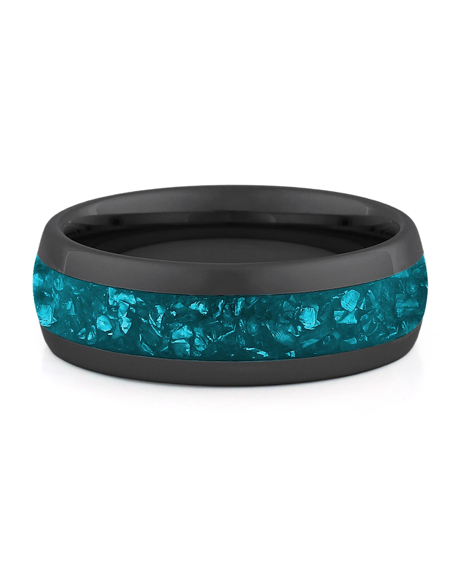 Front view of black 8mm turquoise tungsten wedding band