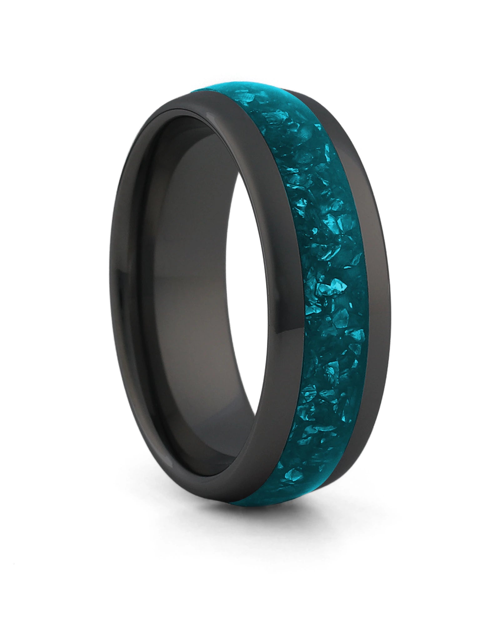 Black 8mm tungsten ring with turquoise stone inlay shown at an angle
