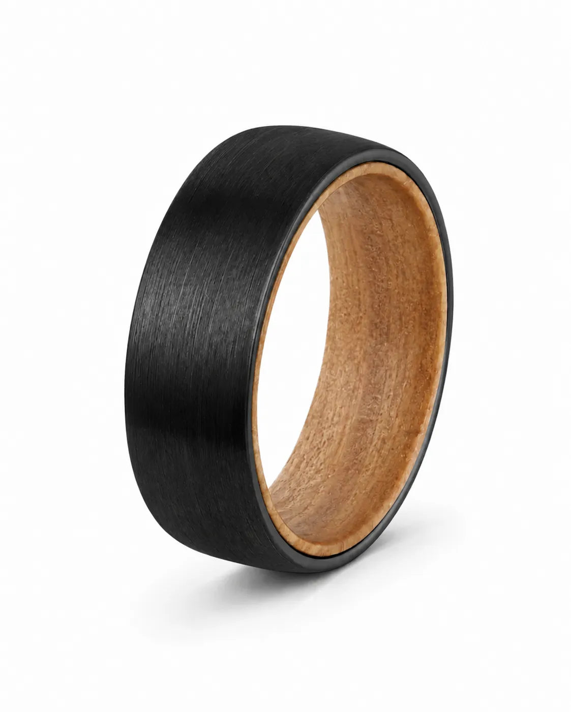 Black tungsten wedding ring with a brushed finish and natural whiskey wood interior shown at an angled studio view on a white background.