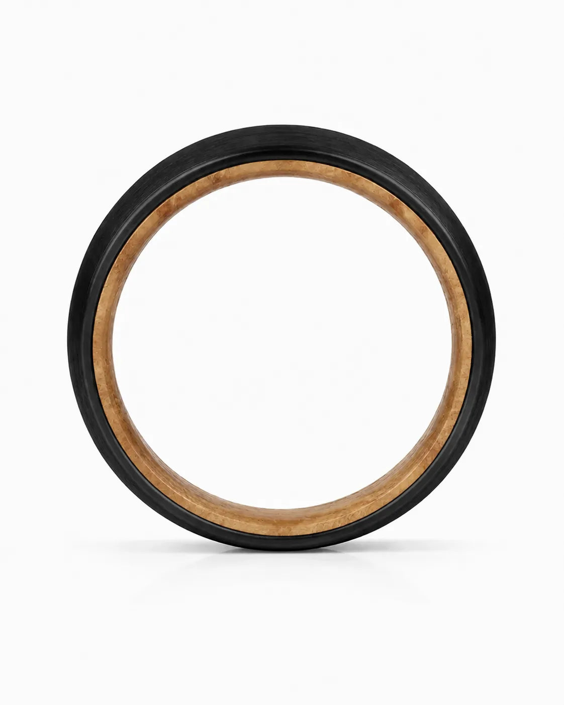 Side profile of a black tungsten wedding ring showing the band thickness, brushed finish and whiskey wood interior on a white background.