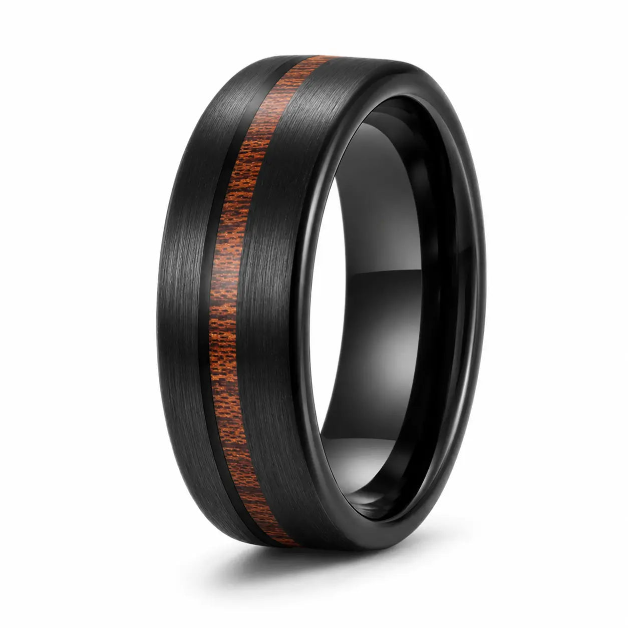 Black brushed tungsten wedding ring with a genuine wooden inlay shown at an angled studio view on a white background.