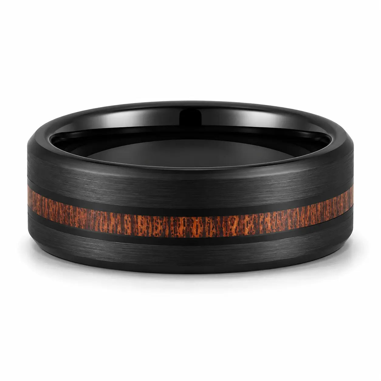 Black brushed tungsten wedding ring with a genuine wooden inlay lying flat on a white studio background, showing the full width of the band and polished comfort fit interior.
