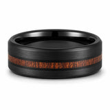 Black brushed tungsten wedding ring with a genuine wooden inlay lying flat on a white studio background, showing the full width of the band and polished comfort fit interior.