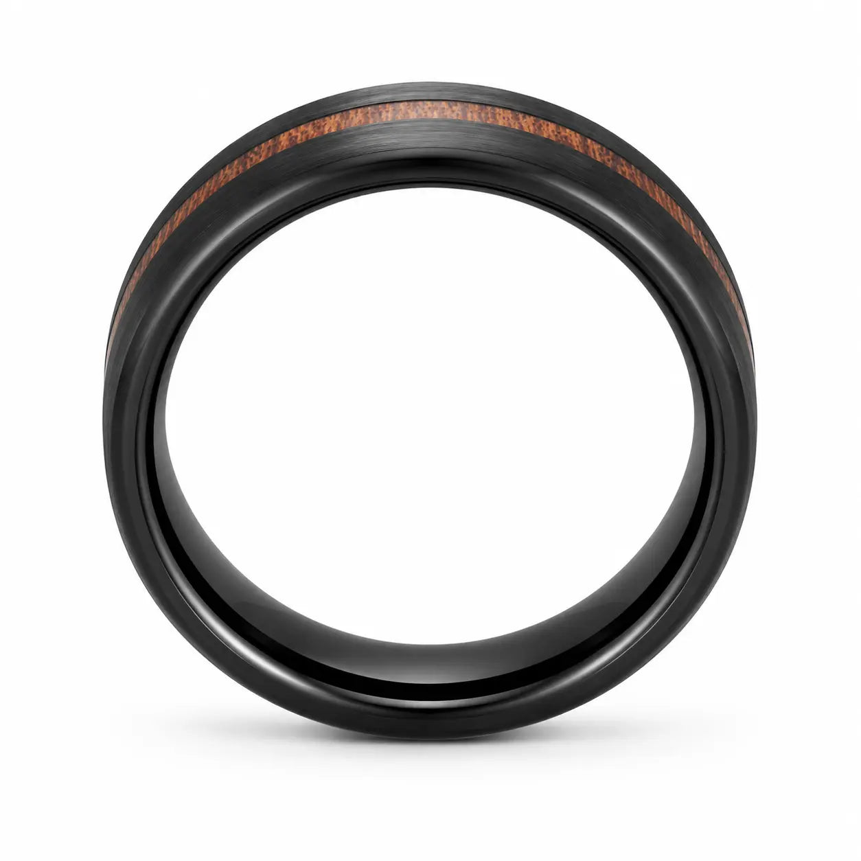 Front view of a black brushed tungsten wedding ring with a genuine wooden inlay and polished comfort fit interior on a white background.