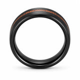 Front view of a black brushed tungsten wedding ring with a genuine wooden inlay and polished comfort fit interior on a white background.