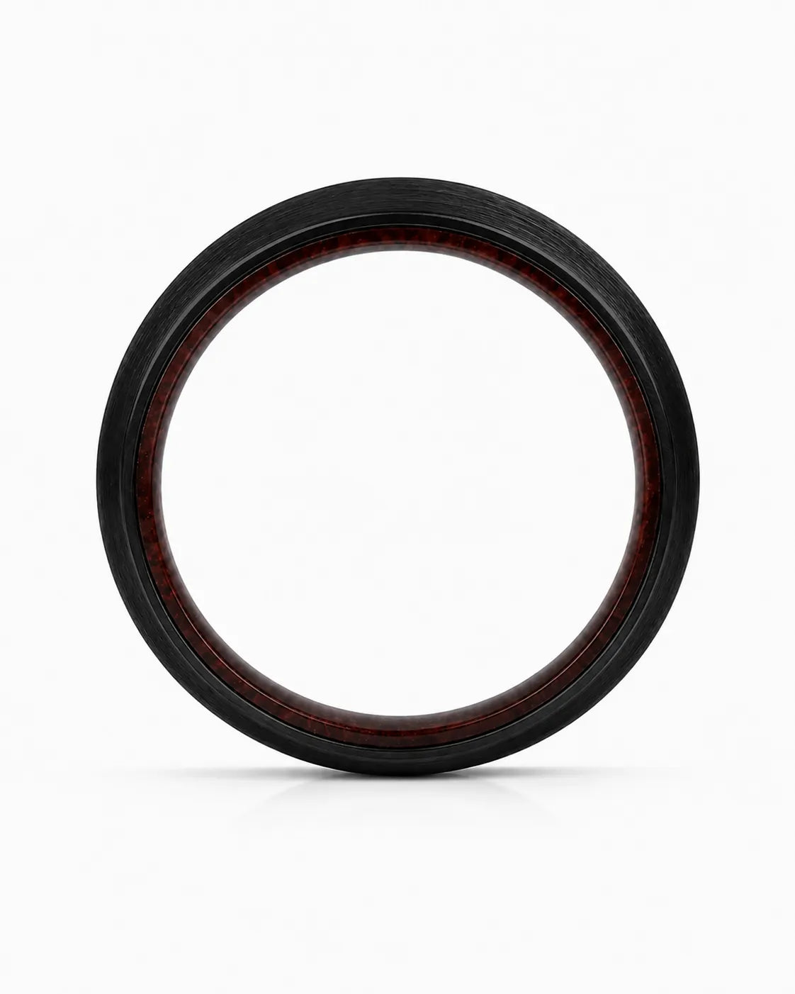 Side profile of a brushed black tungsten wedding ring with a maple wood sleeve interior.