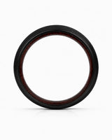 Side profile of a brushed black tungsten wedding ring with a maple wood sleeve interior.