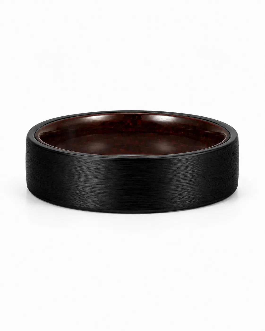 Low front view of a brushed blacktungsten wedding ring with a maple wood sleeve interior.