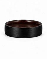 Low front view of a brushed blacktungsten wedding ring with a maple wood sleeve interior.