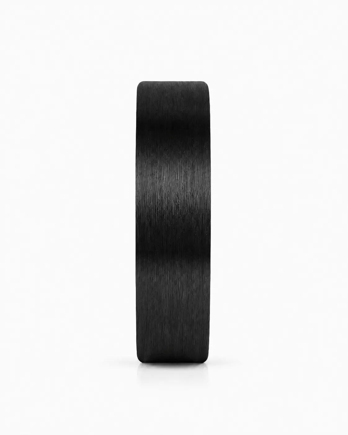 Front view of a brushed black tungsten wedding ring with a maple wood sleeve interior.