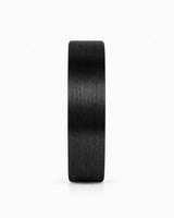Front view of a brushed black tungsten wedding ring with a maple wood sleeve interior.
