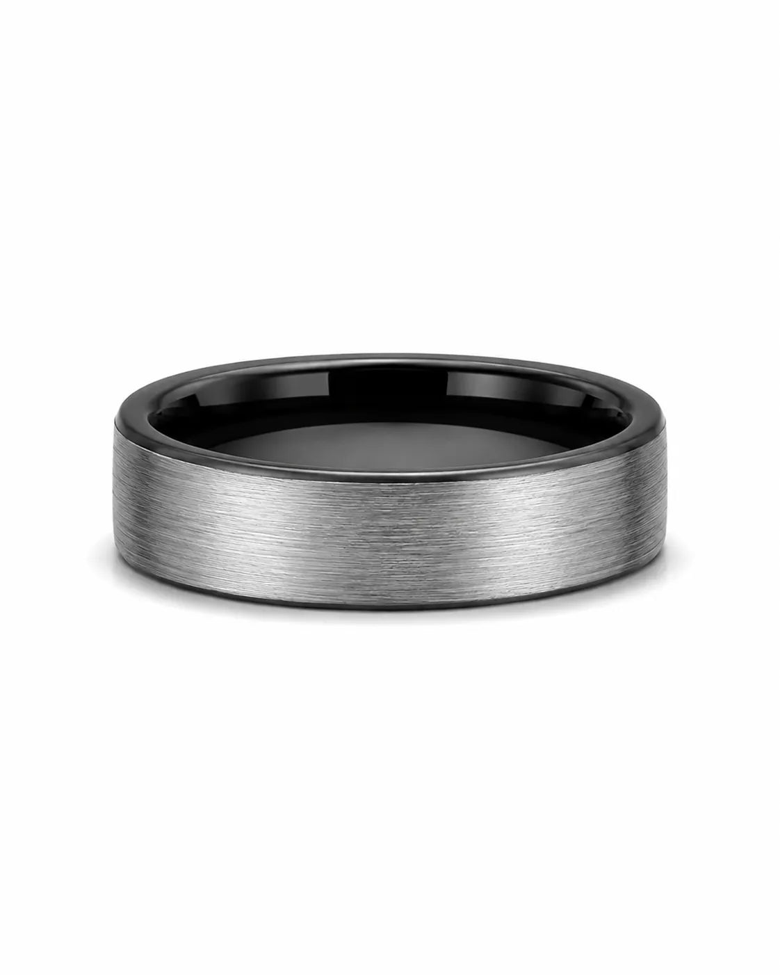 Brushed silver and black tungsten wedding ring lying flat