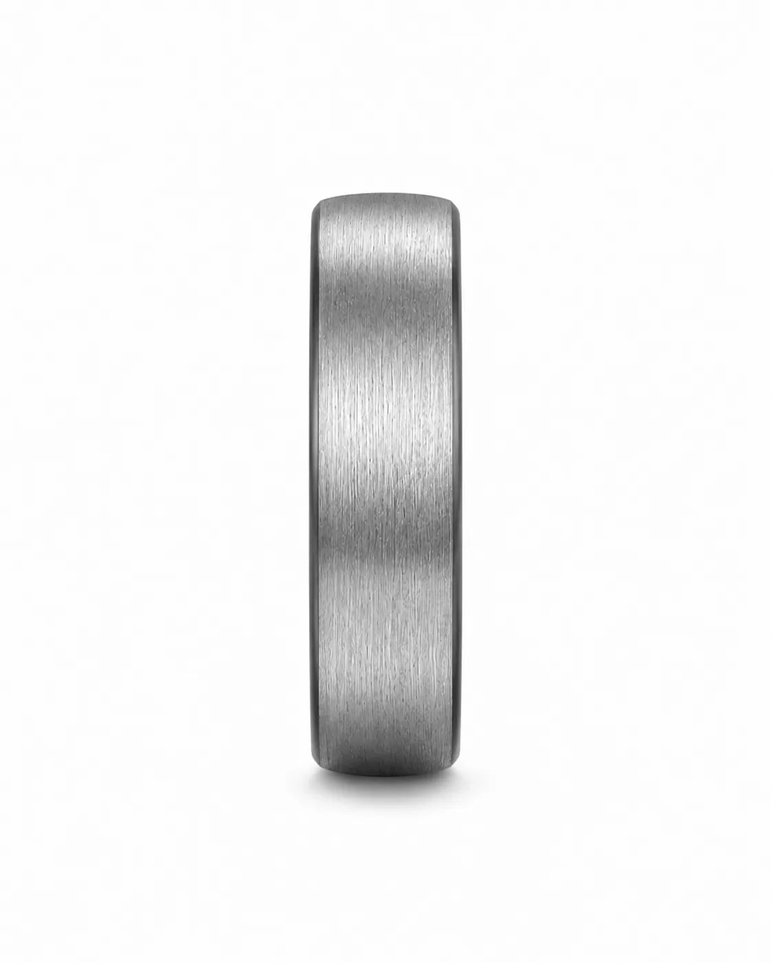 Front view of brushed silver tungsten wedding ring with black interior