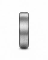 Front view of brushed silver tungsten wedding ring with black interior