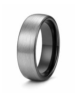 Brushed silver tungsten wedding ring with black interior