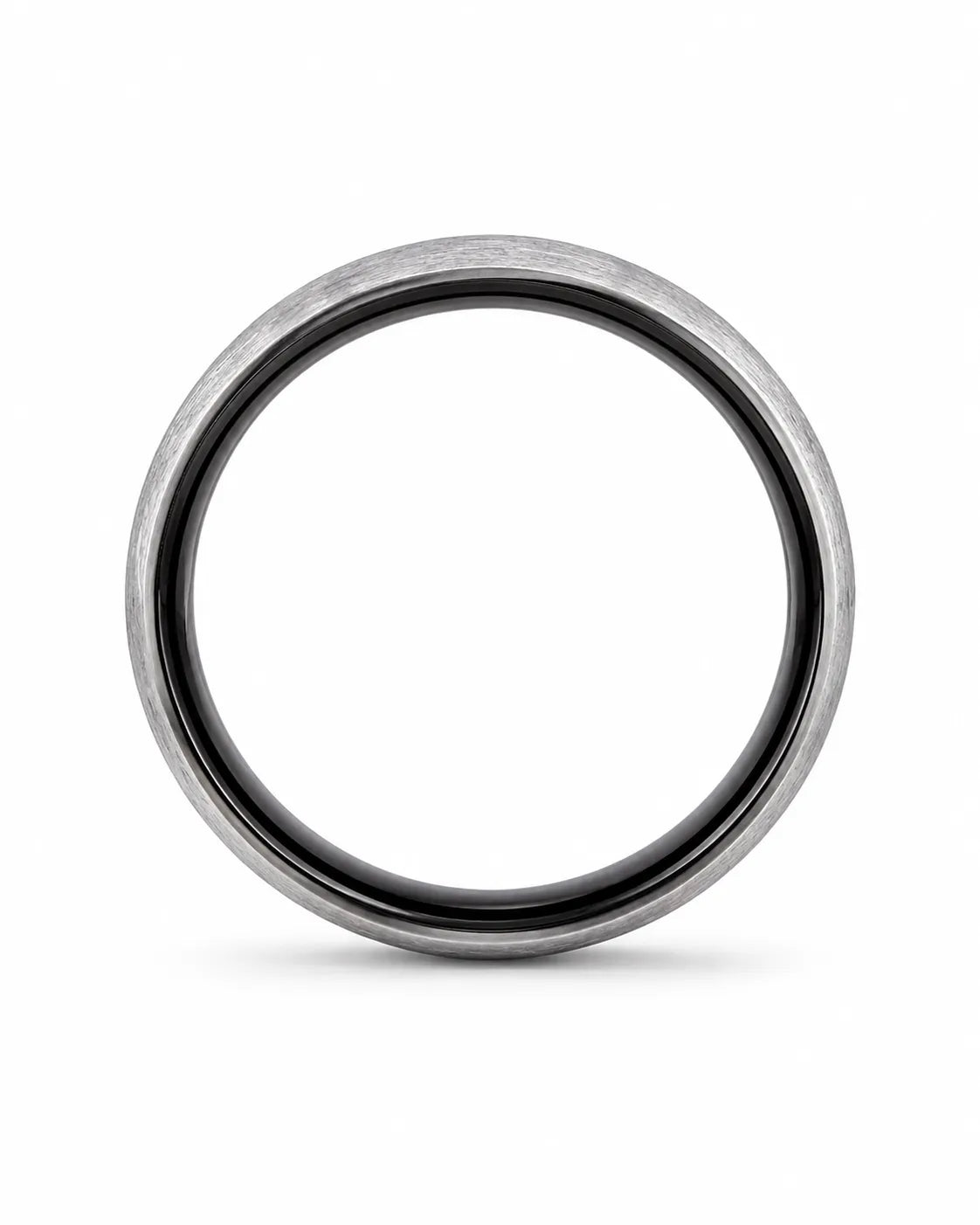 Side profile of brushed silver and black tungsten wedding ring