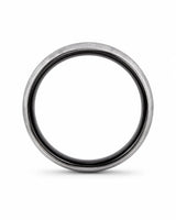 Side profile of brushed silver and black tungsten wedding ring