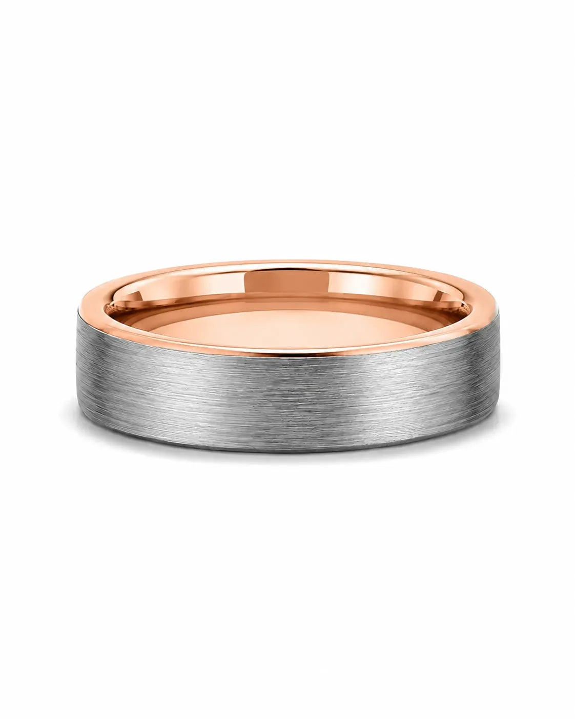Brushed silver and rose gold tungsten wedding ring lying flat