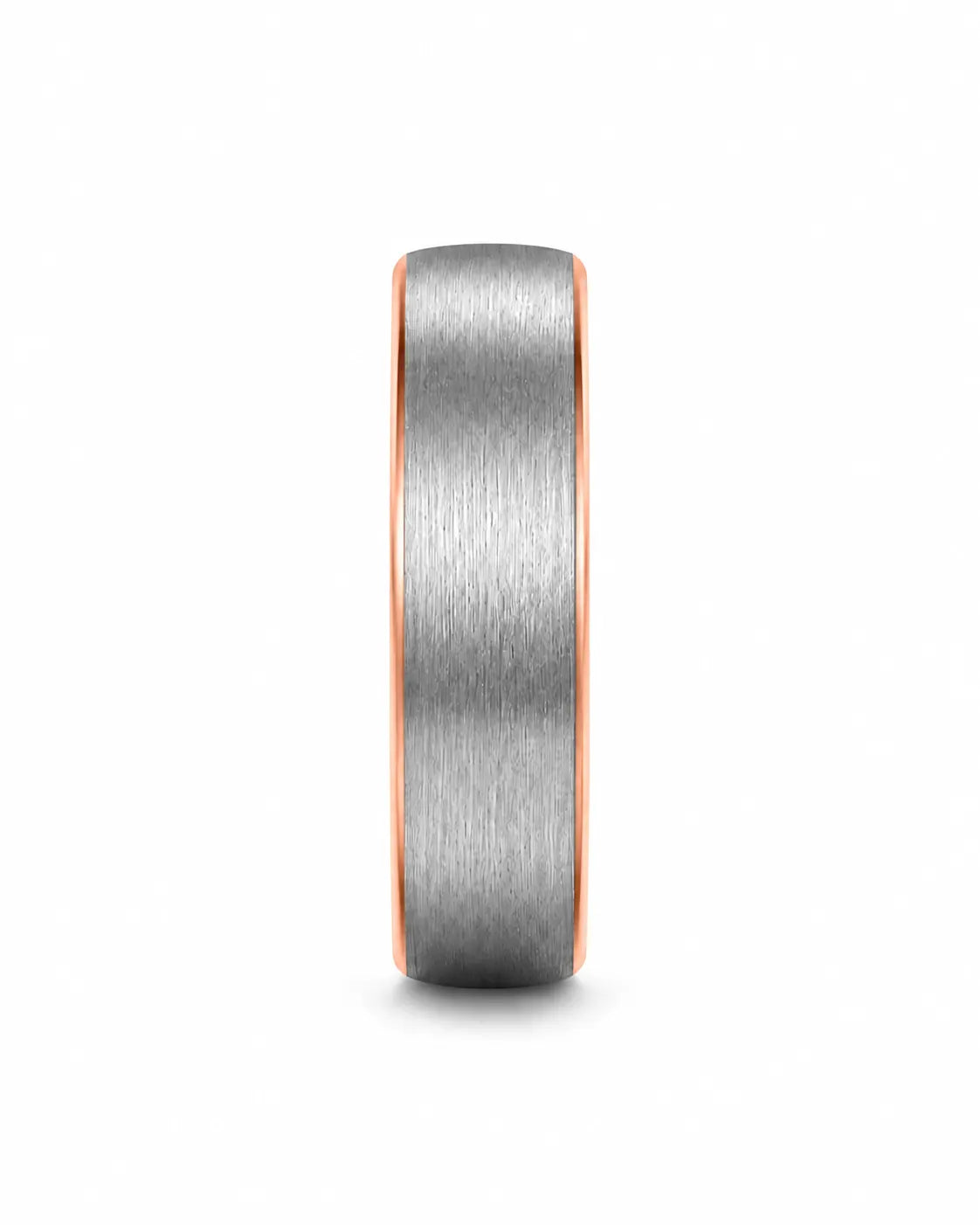 Front view of brushed silver tungsten wedding ring with rose gold interior