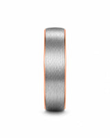 Front view of brushed silver tungsten wedding ring with rose gold interior