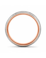 Side profile of brushed silver and rose gold tungsten wedding ring